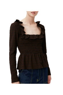 Seersucker Open neck Smock Blouse | Chicory Coffee