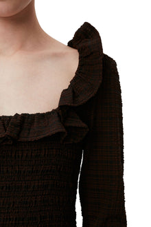 Seersucker Open neck Smock Blouse | Chicory Coffee