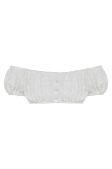 White off-shoulder bikini top with ruched texture and button-front closure.