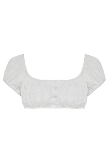 White textured bikini top with puffed short sleeves and a scoop neckline.