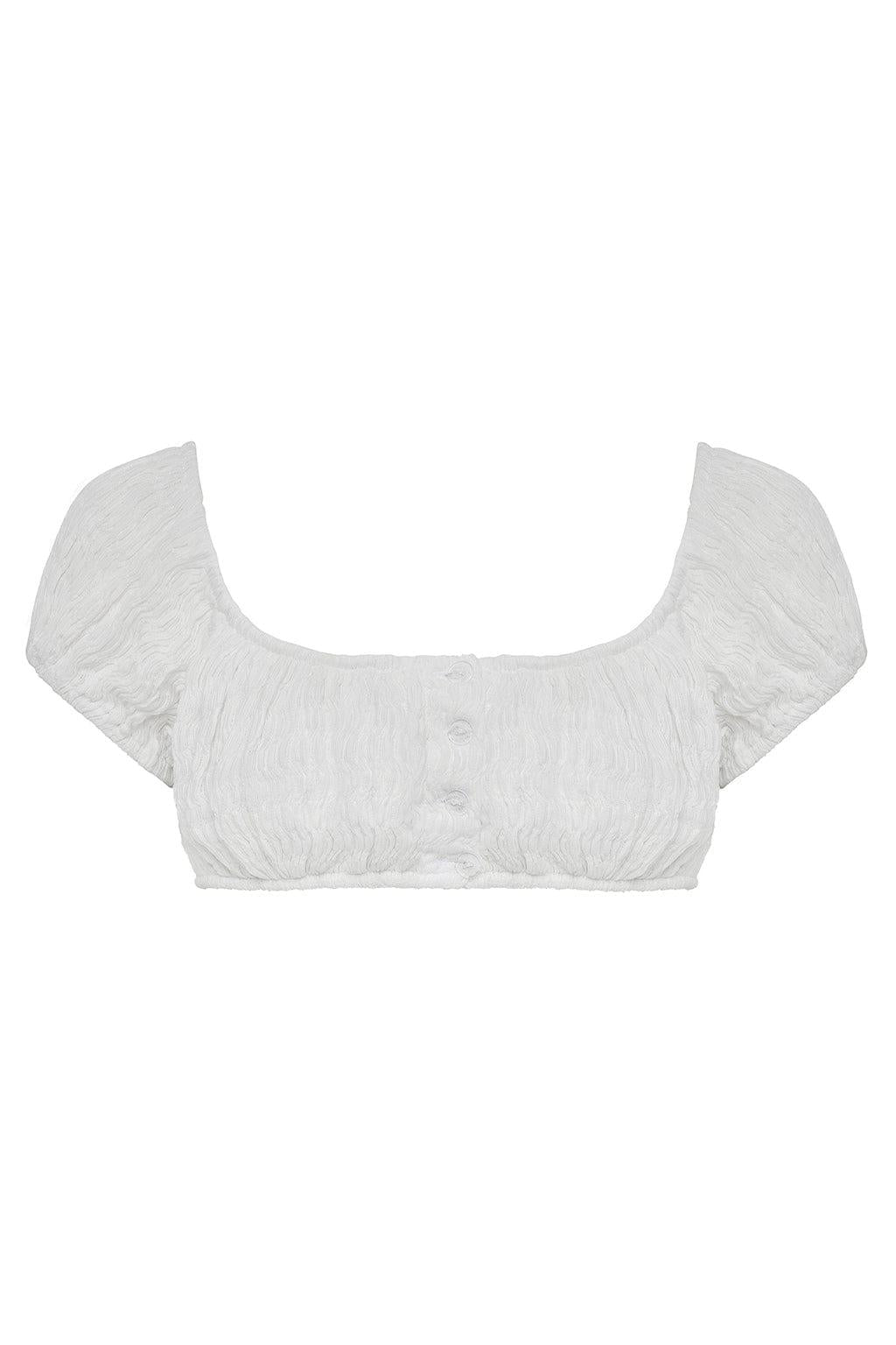 White textured bikini top with puffed short sleeves and a scoop neckline.