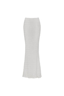 Light gray ribbed maxi skirt with a fitted silhouette and flared hem.