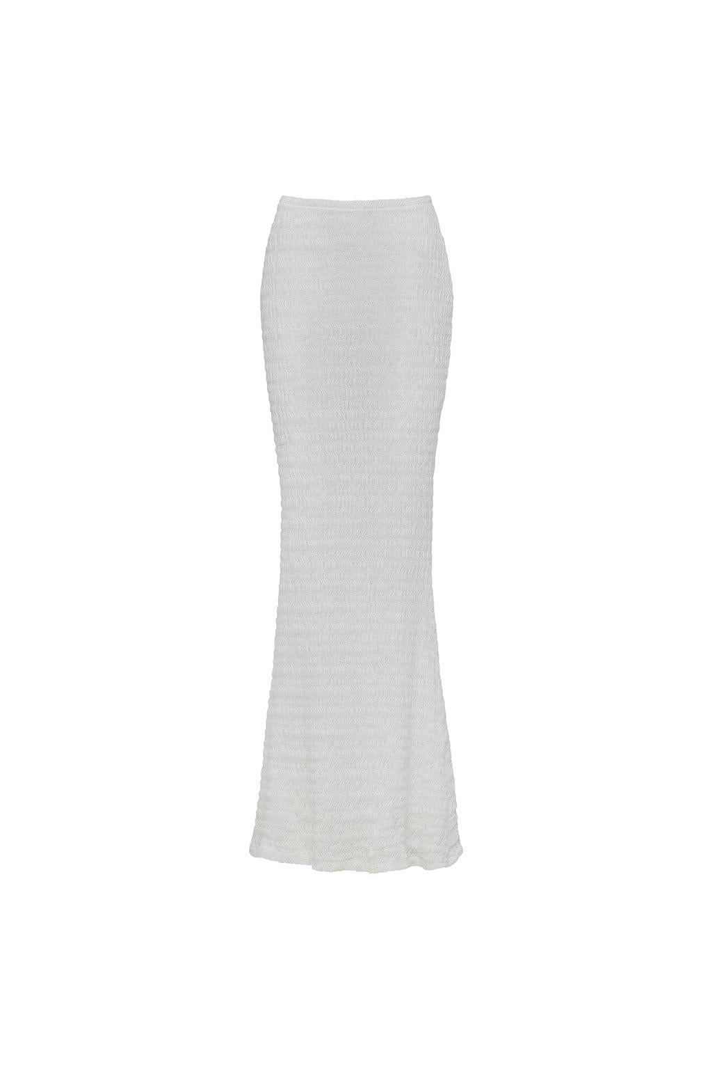 Light gray ribbed maxi skirt with a fitted silhouette and flared hem.