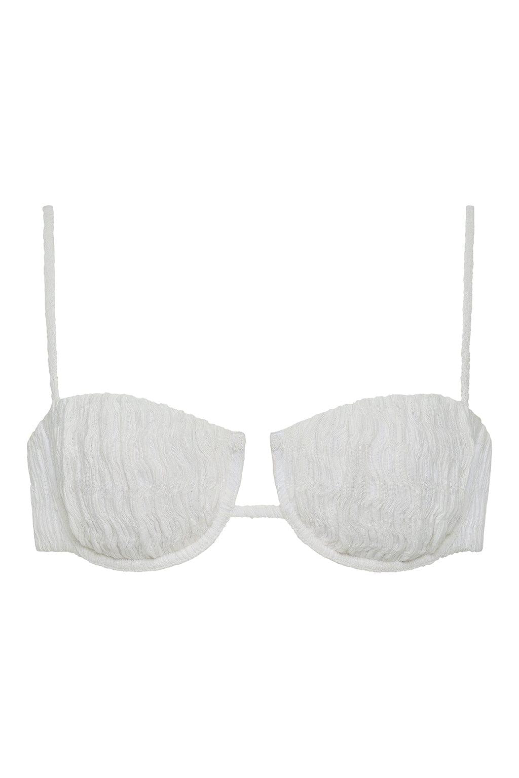 White textured bikini top with petal-shaped cups, thin shoulder straps, and center cutout detail.
