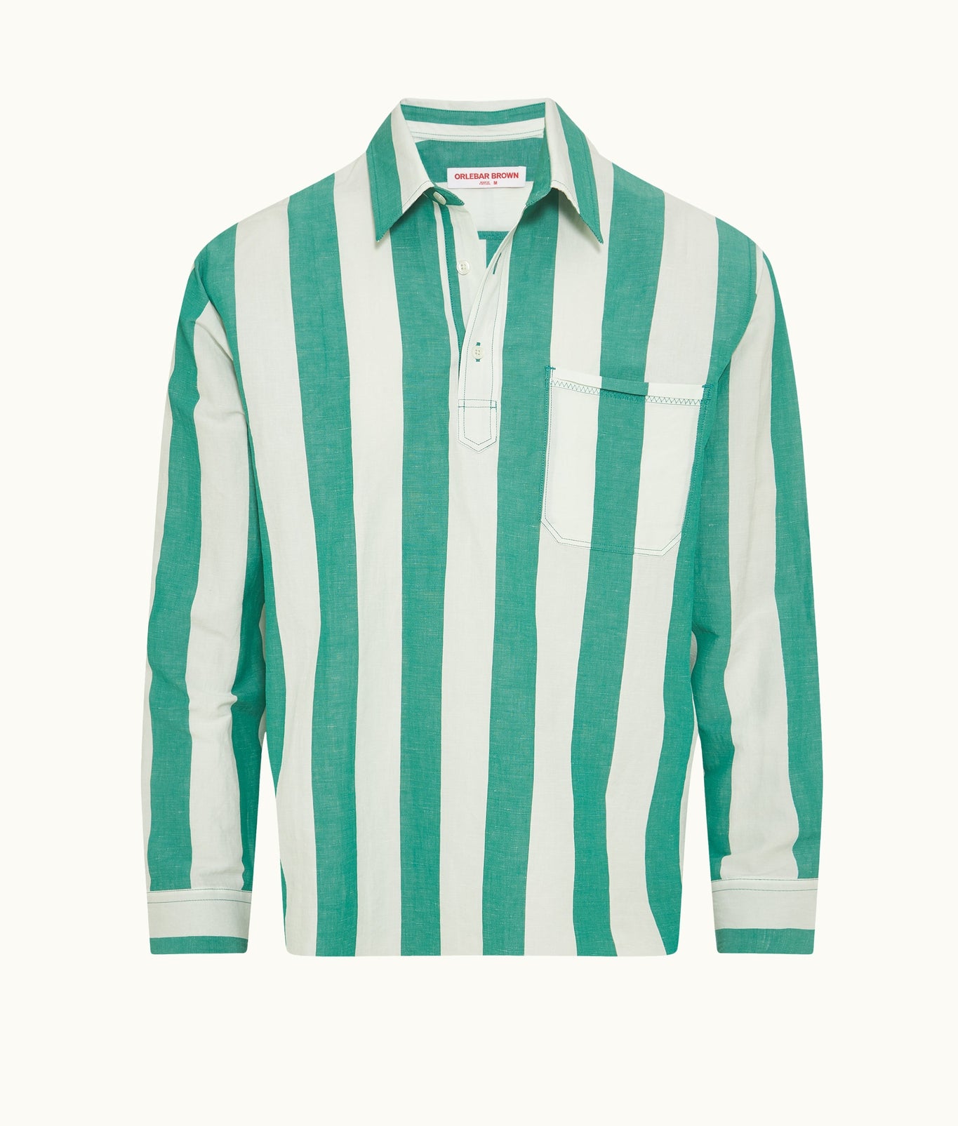 Shanklin Stripe Striped Overhead Open Collar Linen Shirt Green/White Sand | Green/White Sand