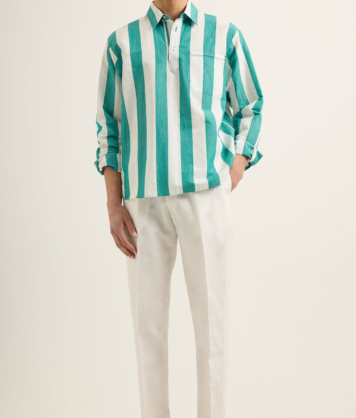 Shanklin Stripe Striped Overhead Open Collar Linen Shirt Green/White Sand | Green/White Sand