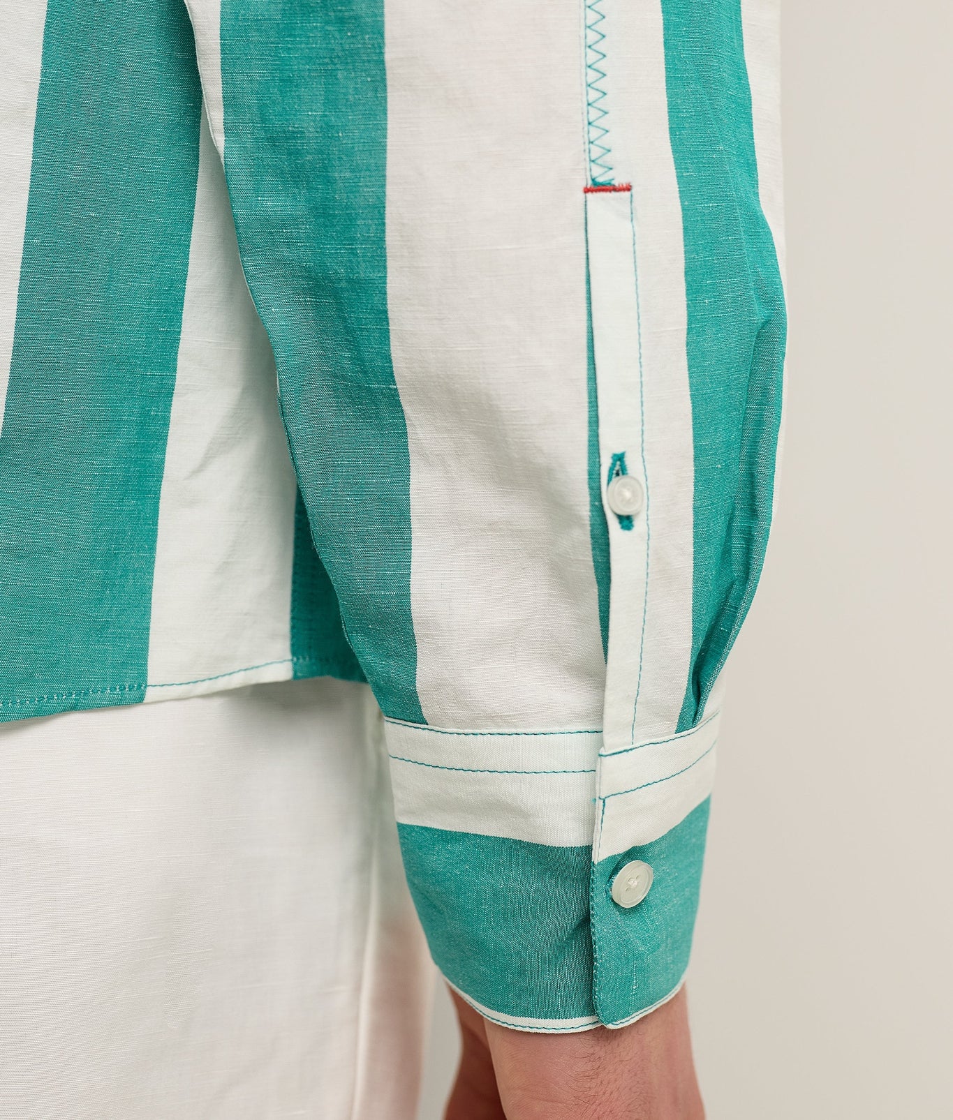 Shanklin Stripe Striped Overhead Open Collar Linen Shirt Green/White Sand | Green/White Sand
