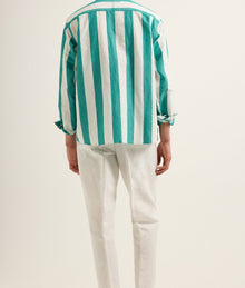 Shanklin Stripe Striped Overhead Open Collar Linen Shirt Green/White Sand | Green/White Sand