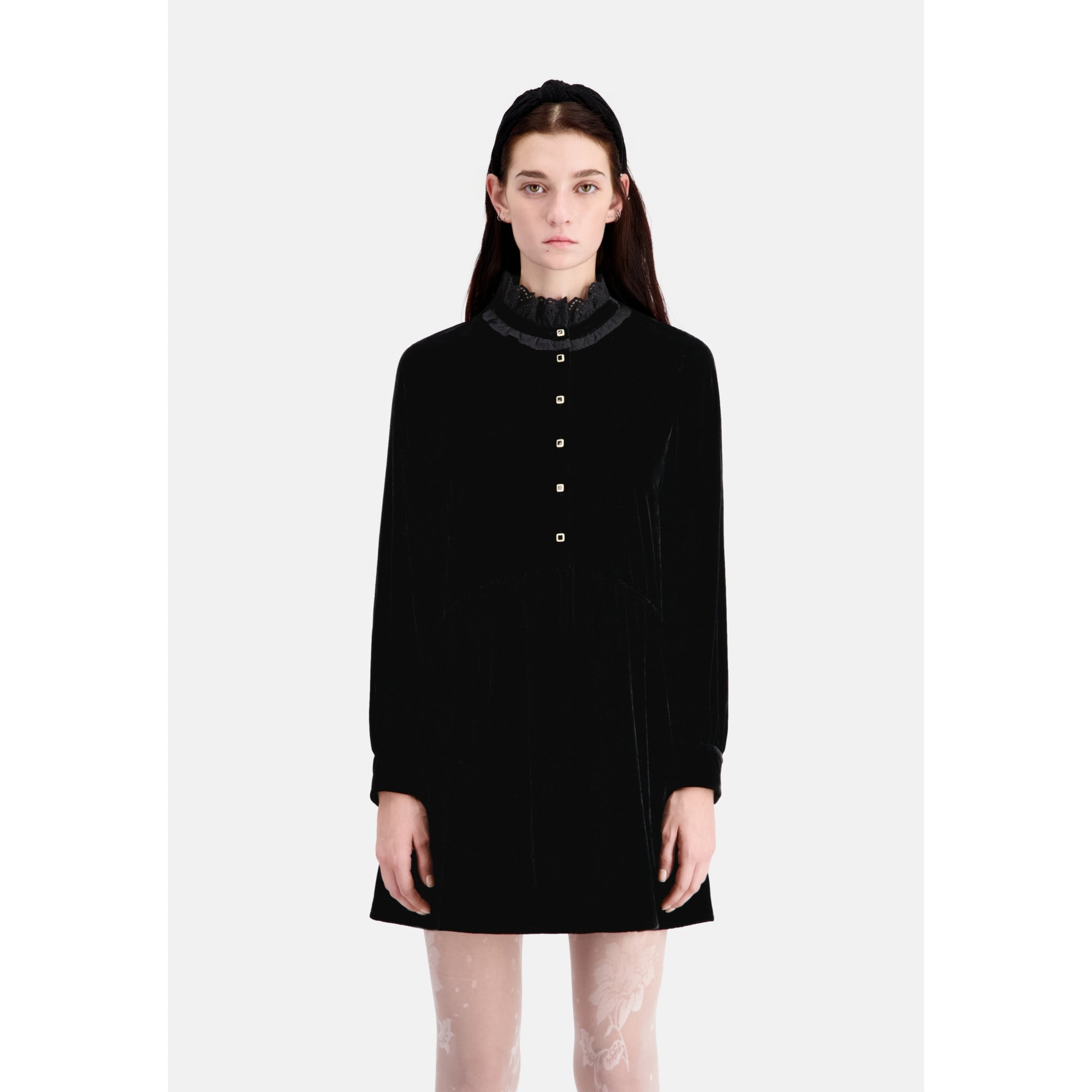 Short Velvet Dress With Bijou Buttons | Women | Black