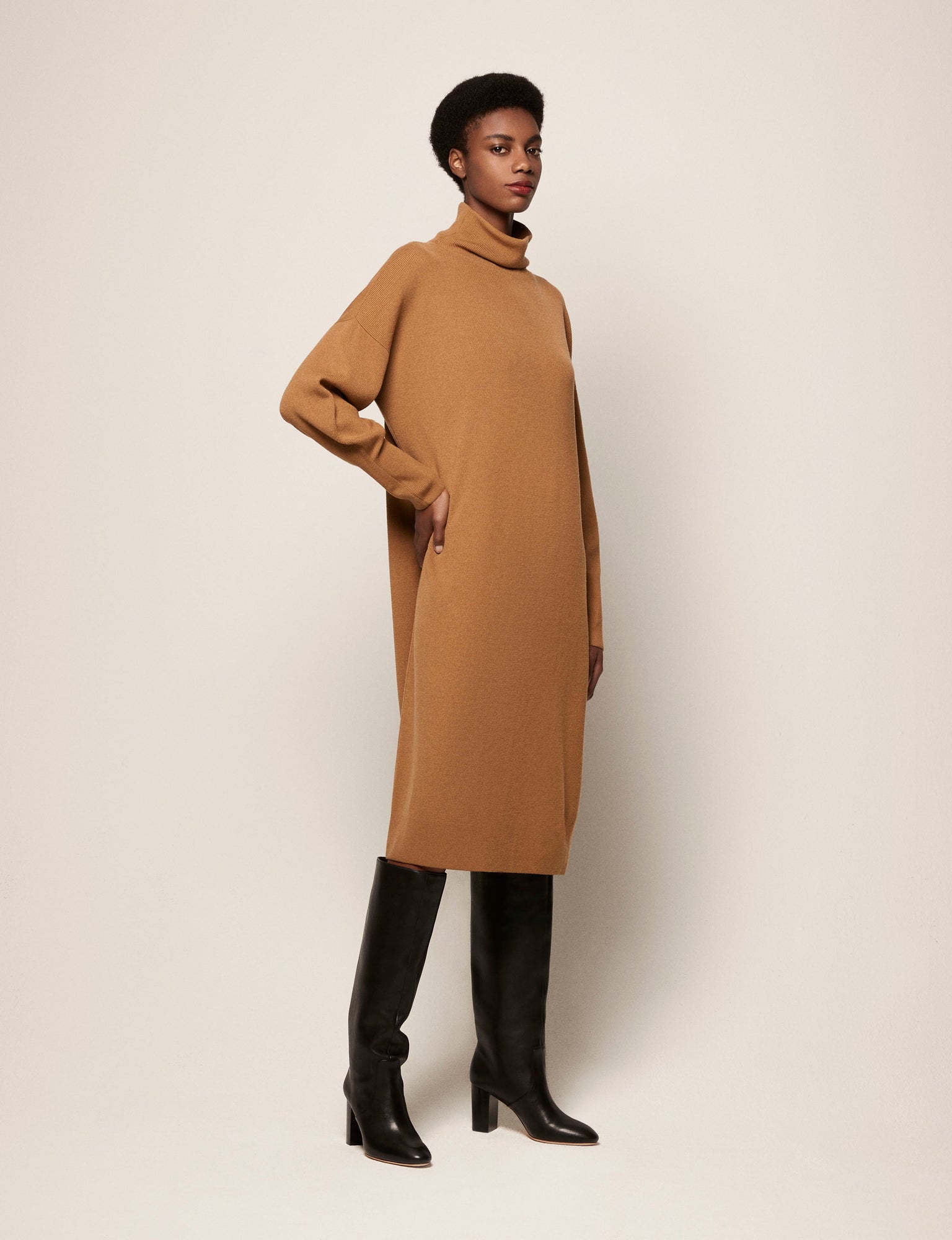Another Tomorrow Funnelneck Dress in Vicuna – Wool Women's Dress