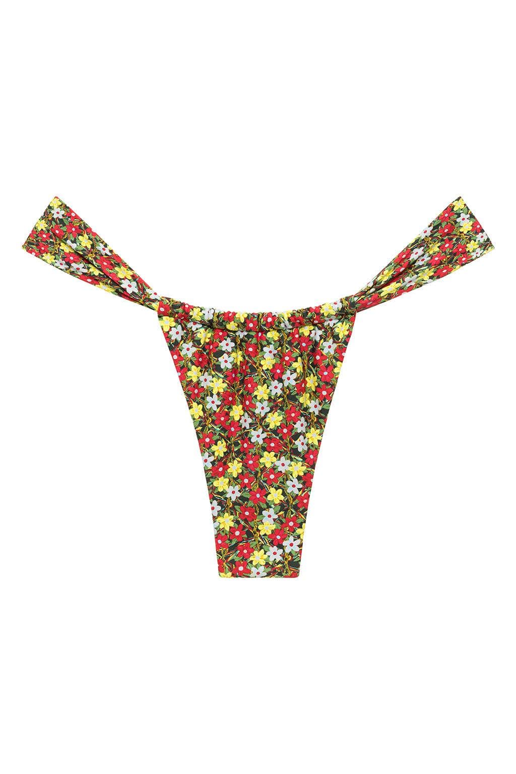 Red, yellow, and white floral print bikini bottom with high-cut leg openings and ruched center detail.