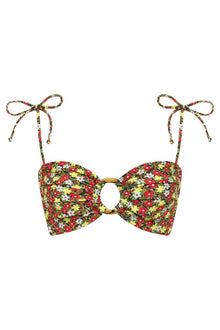 Bandeau bikini top with multicolored floral print, center ring detail, and adjustable tie straps with beaded ends.