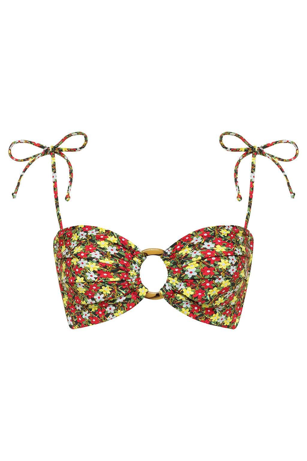 Bandeau bikini top with multicolored floral print, center ring detail, and adjustable tie straps with beaded ends.