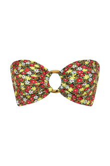 Bandeau bikini top with red, yellow, and white floral print and gold ring center detail.