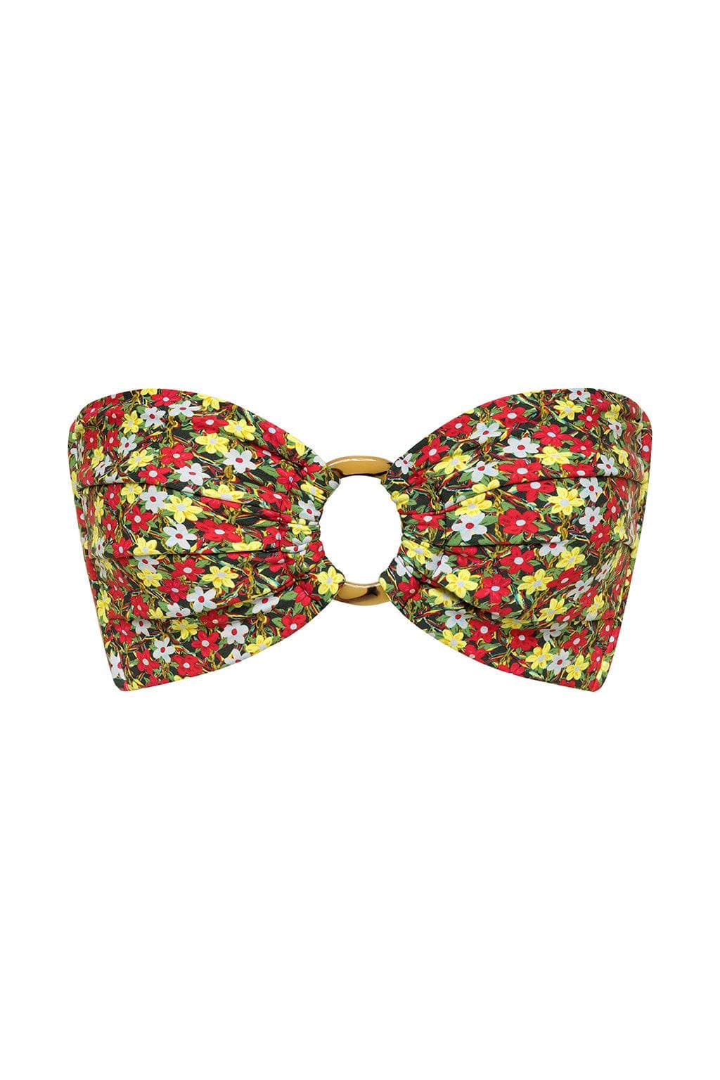 Bandeau bikini top with red, yellow, and white floral print and gold ring center detail.