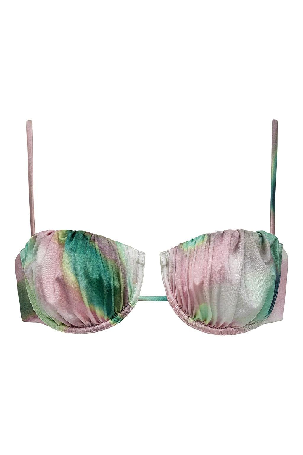 Bikini top with gathered petal-shaped cups in pink, green, and cream tie-dye pattern with thin shoulder straps.