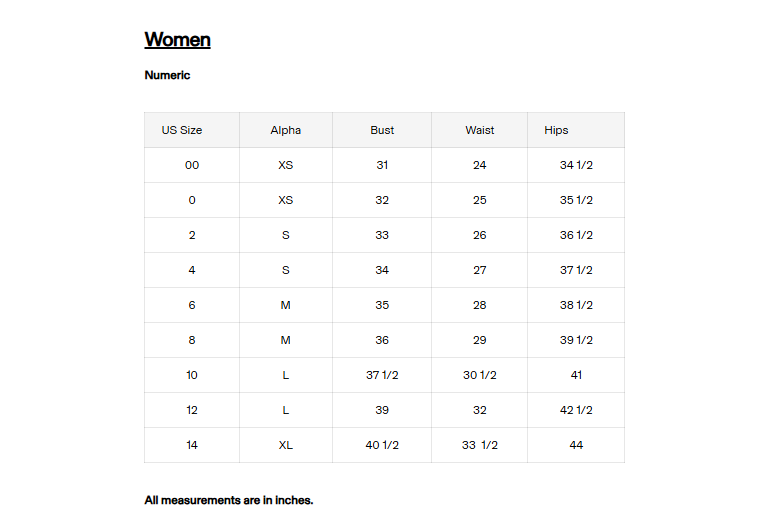 Product size guide