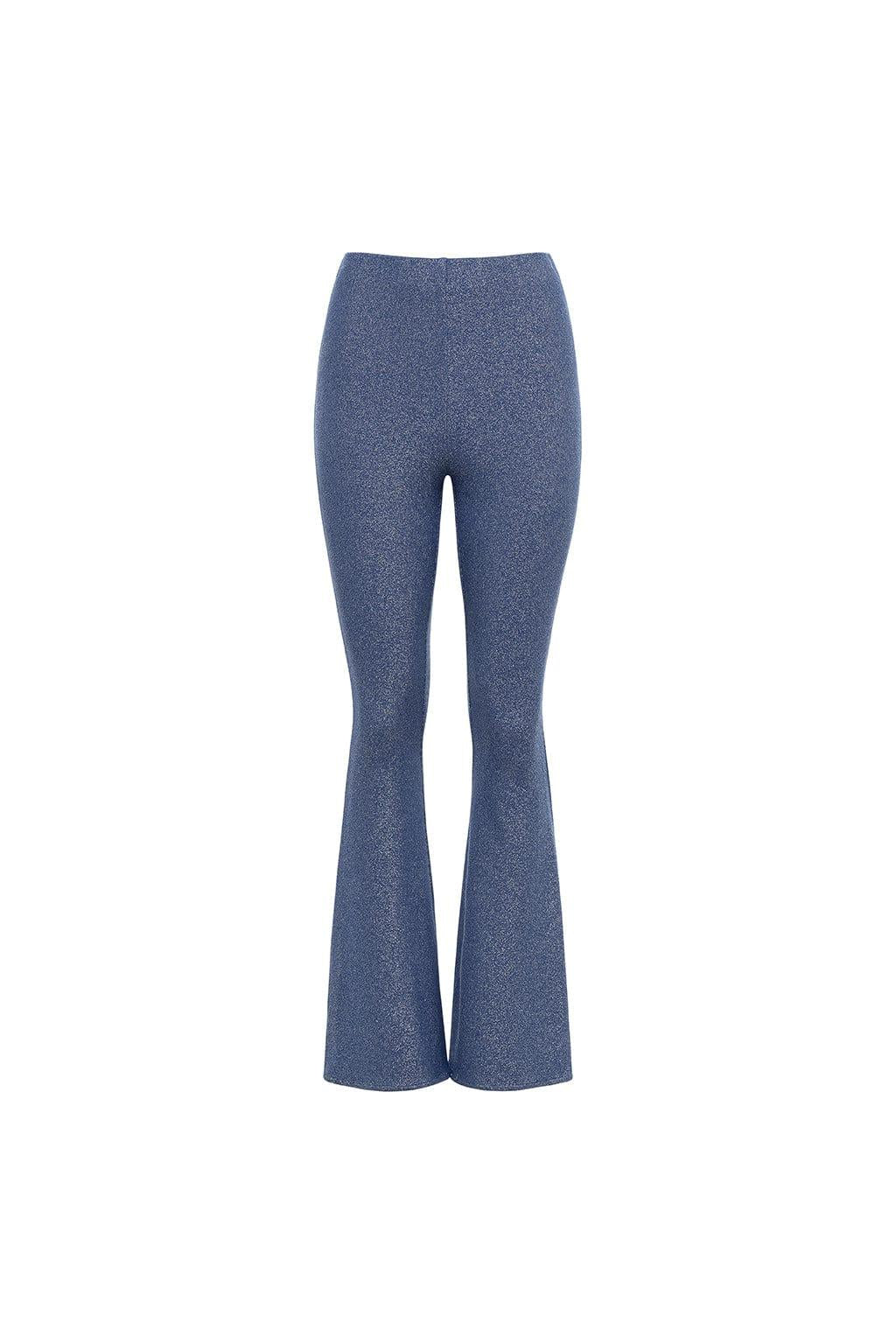 Blue sparkle flare pants with high waist and wide flared legs.