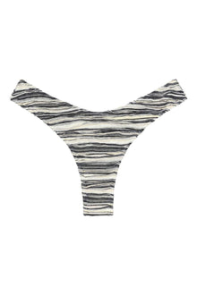 Black and cream striped bikini bottom with horizontal zig-zag stitching throughout.