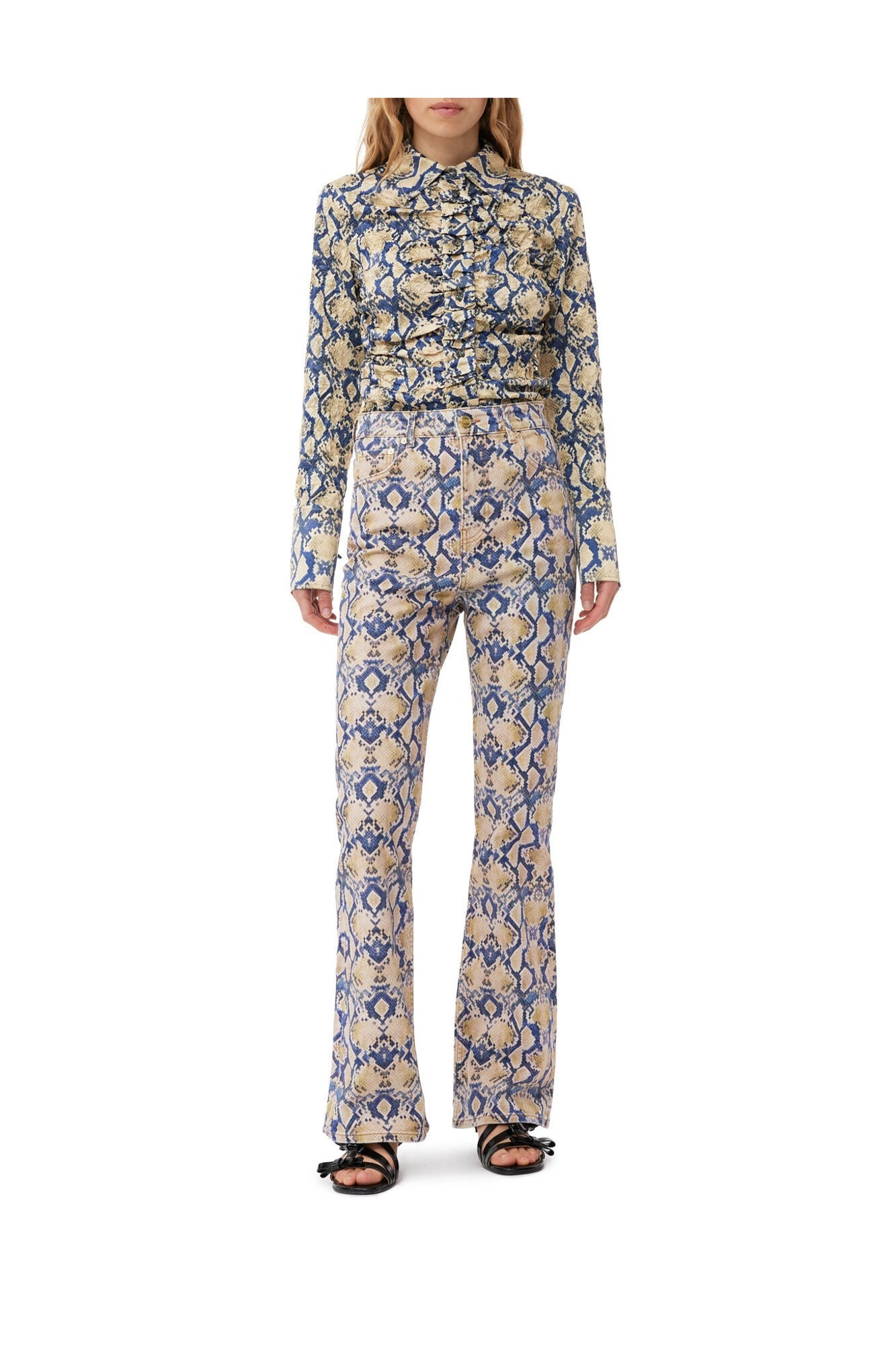 Snake Printed Crinkled Satin Fitted Shirt | Safari