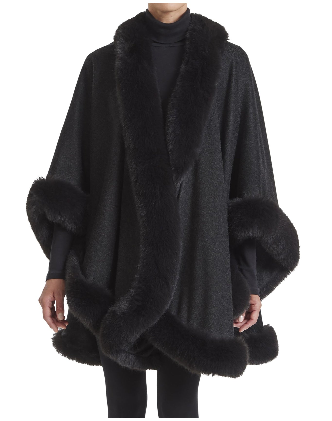 Sofia Cashmere | Women | Cashmere Cape With Fox Trim | Black