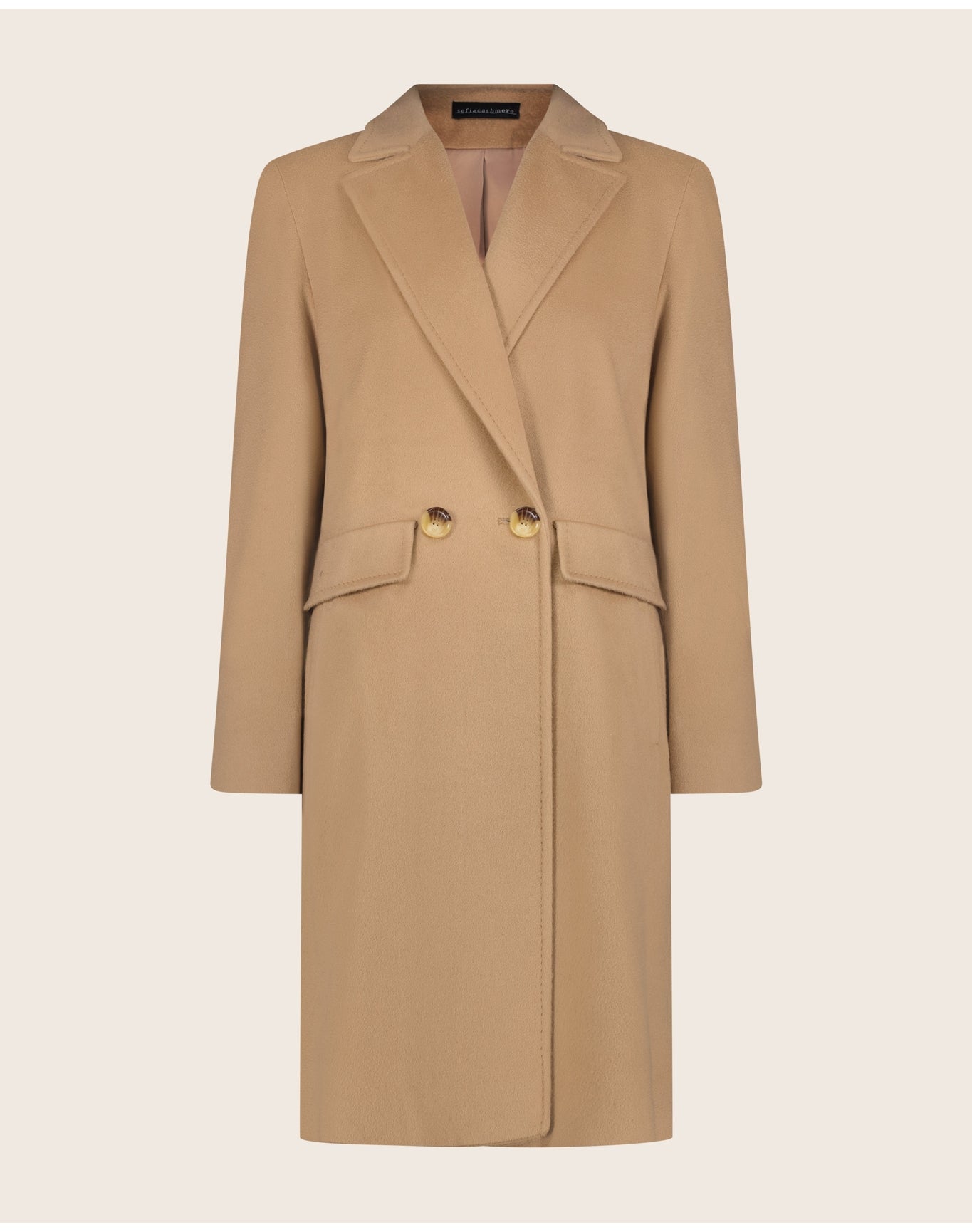 Sofia Cashmere | Women | Cashmere Double Breasted One Button 3/4 Length Coat With Pick Stitching | Camel