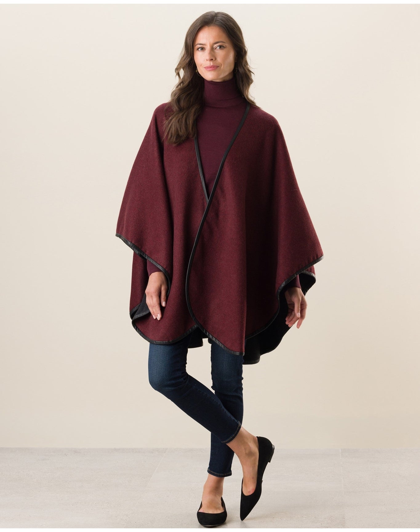 Sofia Cashmere | Women | Cashmere Leather Trimmed Classic U Shaped Cape | Bordeaux/Charcoal