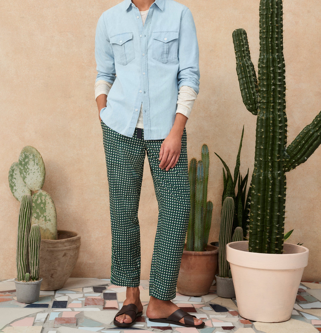 Sonoran Relaxed Fit Piscina Print Drawcord Trousers | Agave Green