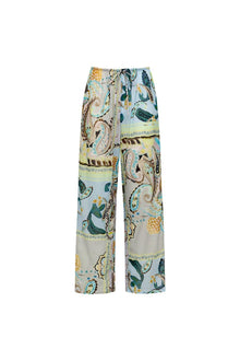 Wide-leg pants with multicolored floral and scrollwork print, drawstring waist, and straight silhouette.