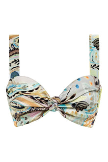 Multicolored floral and botanical print bikini top with bow-tie center and adjustable shoulder straps.