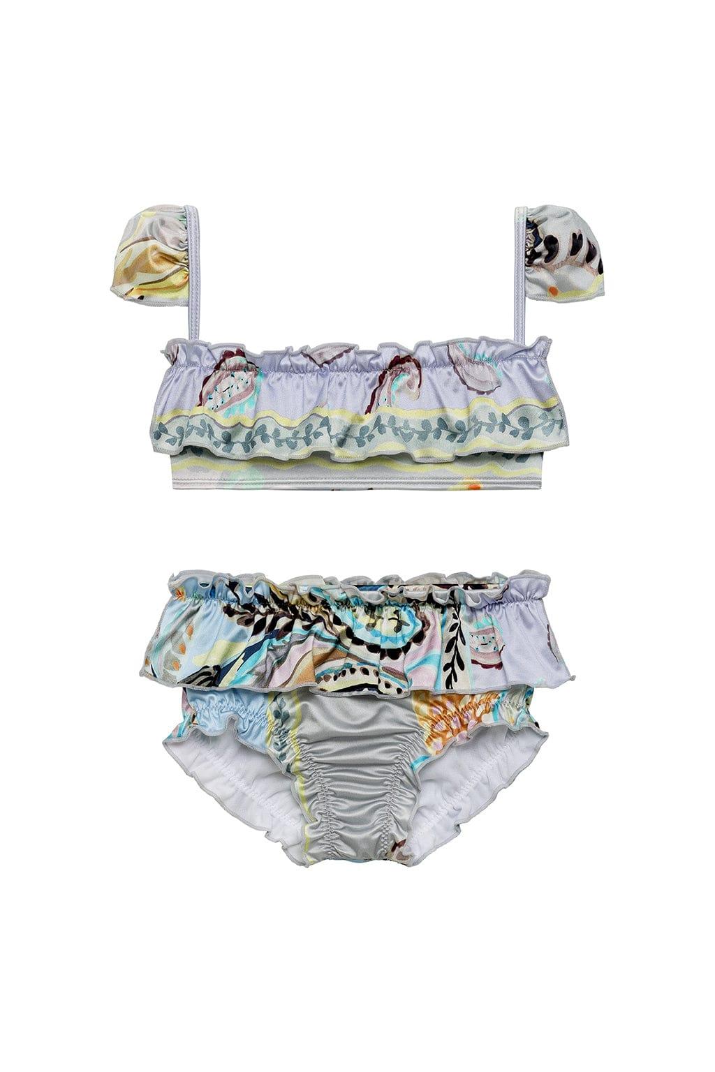 Two-piece bikini set with multicolored floral and botanical print, ruffled bandeau top with shoulder straps and matching ruff