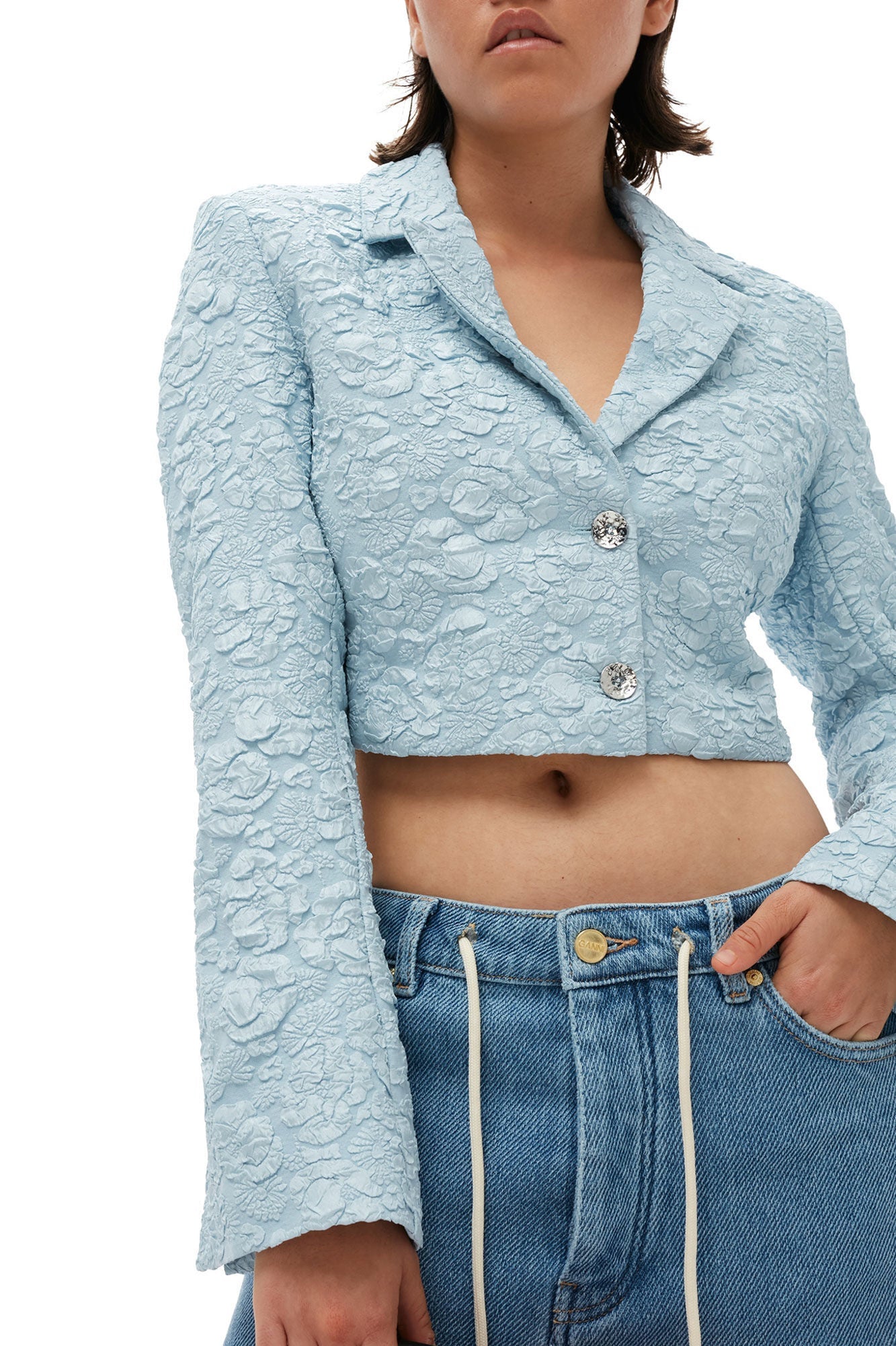 Stretch Jacquard Cropped Blazer | Sky Blue