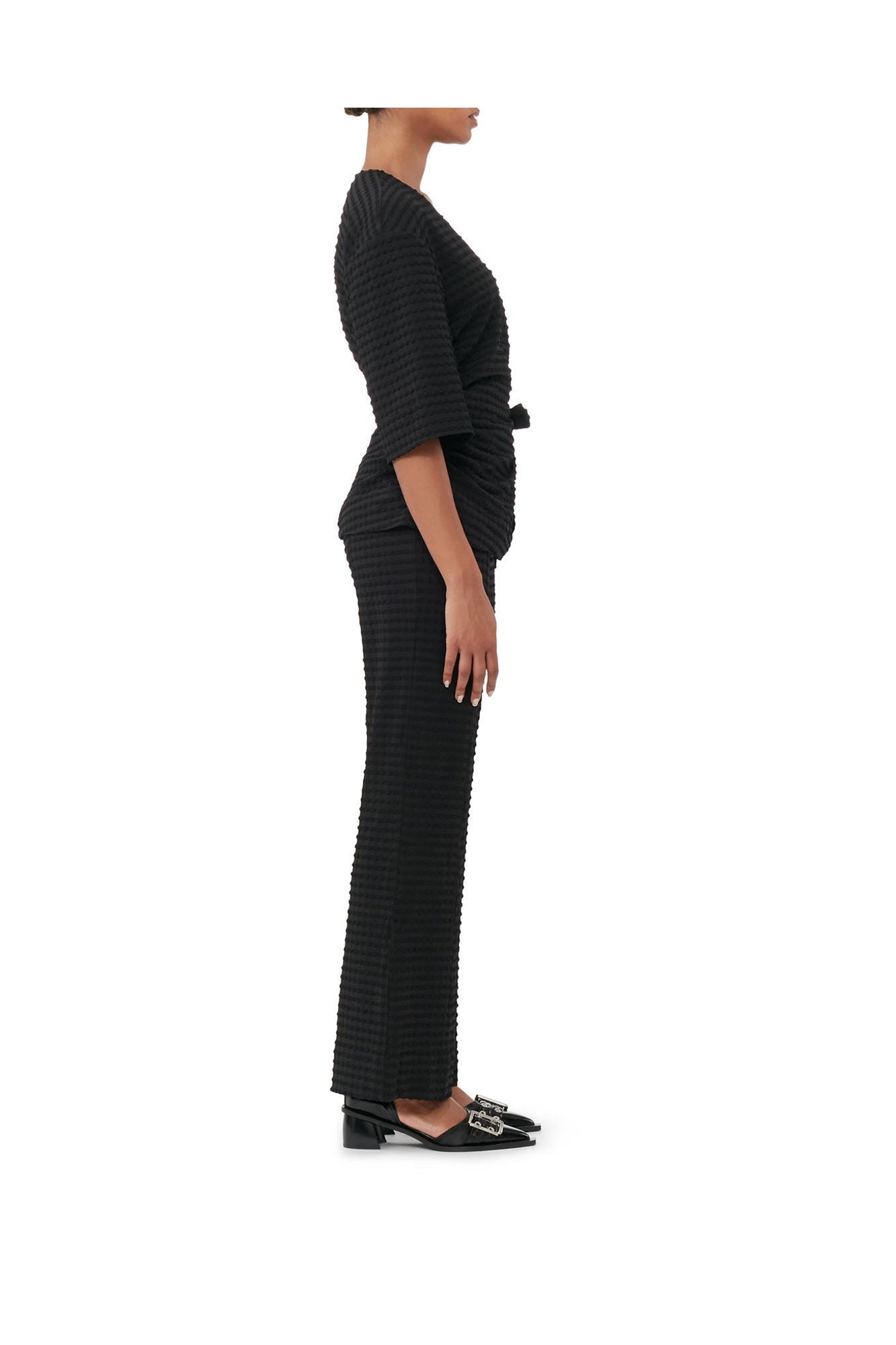 Stretch Seersucker Cropped Trousers | Black