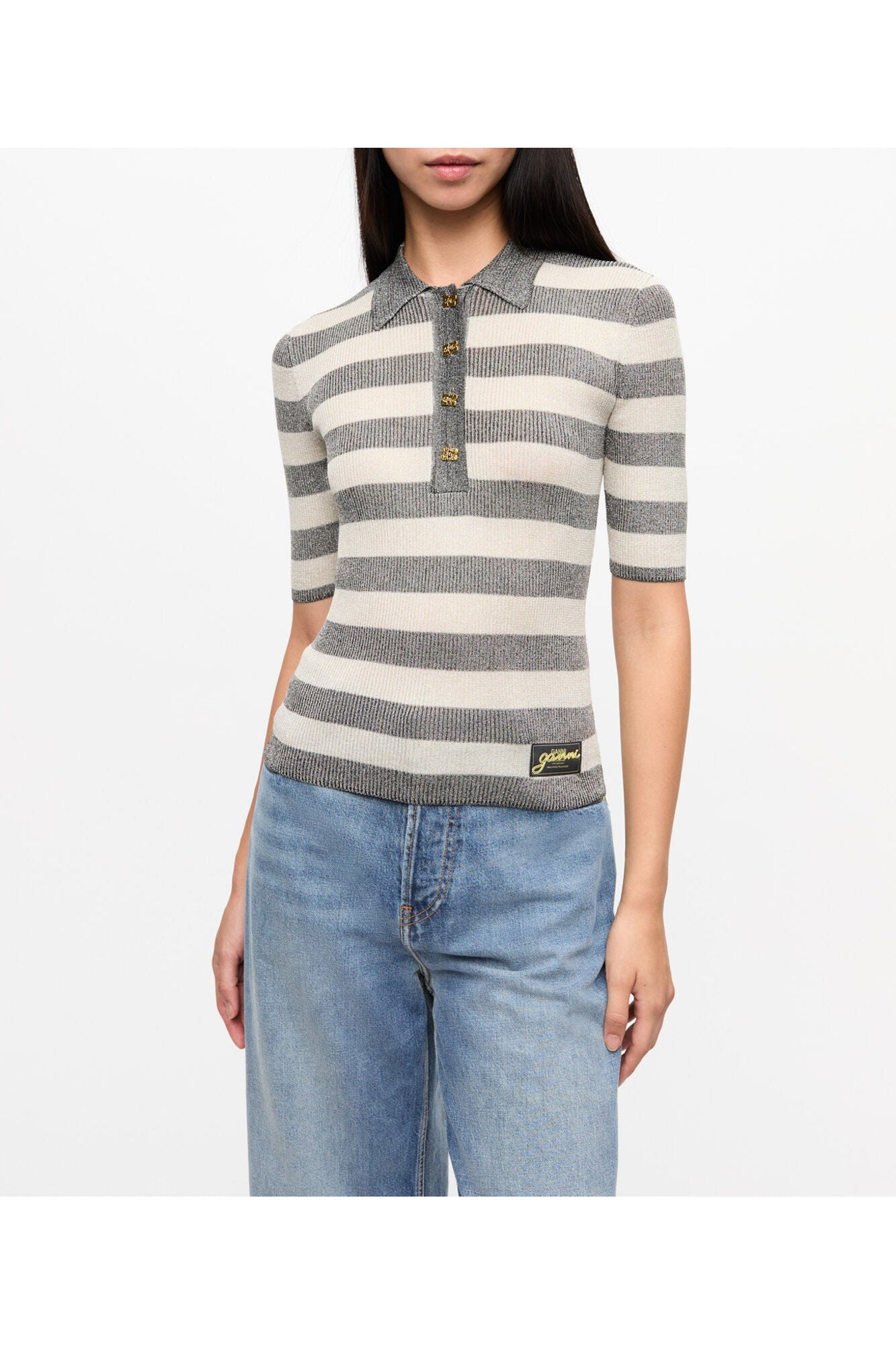Striped Sparkle Rib Polo T shirt | Egret