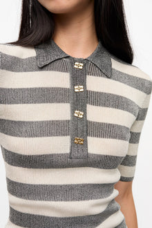 Striped Sparkle Rib Polo T shirt | Egret