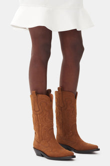 Suede Mid Shaft Embroidered Western Boots | Tobacco Brown