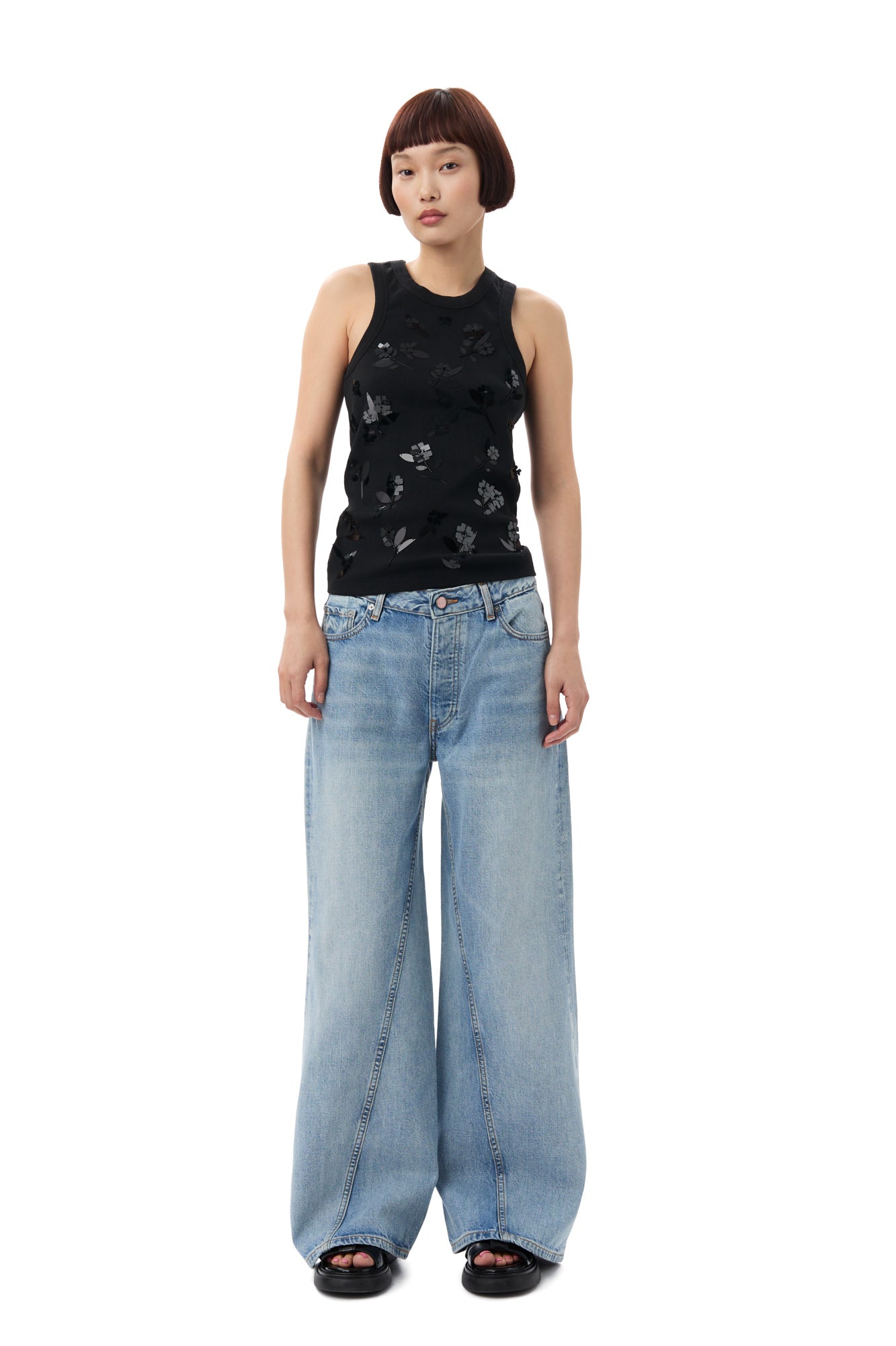 Embellished Rib Tank Top | Black