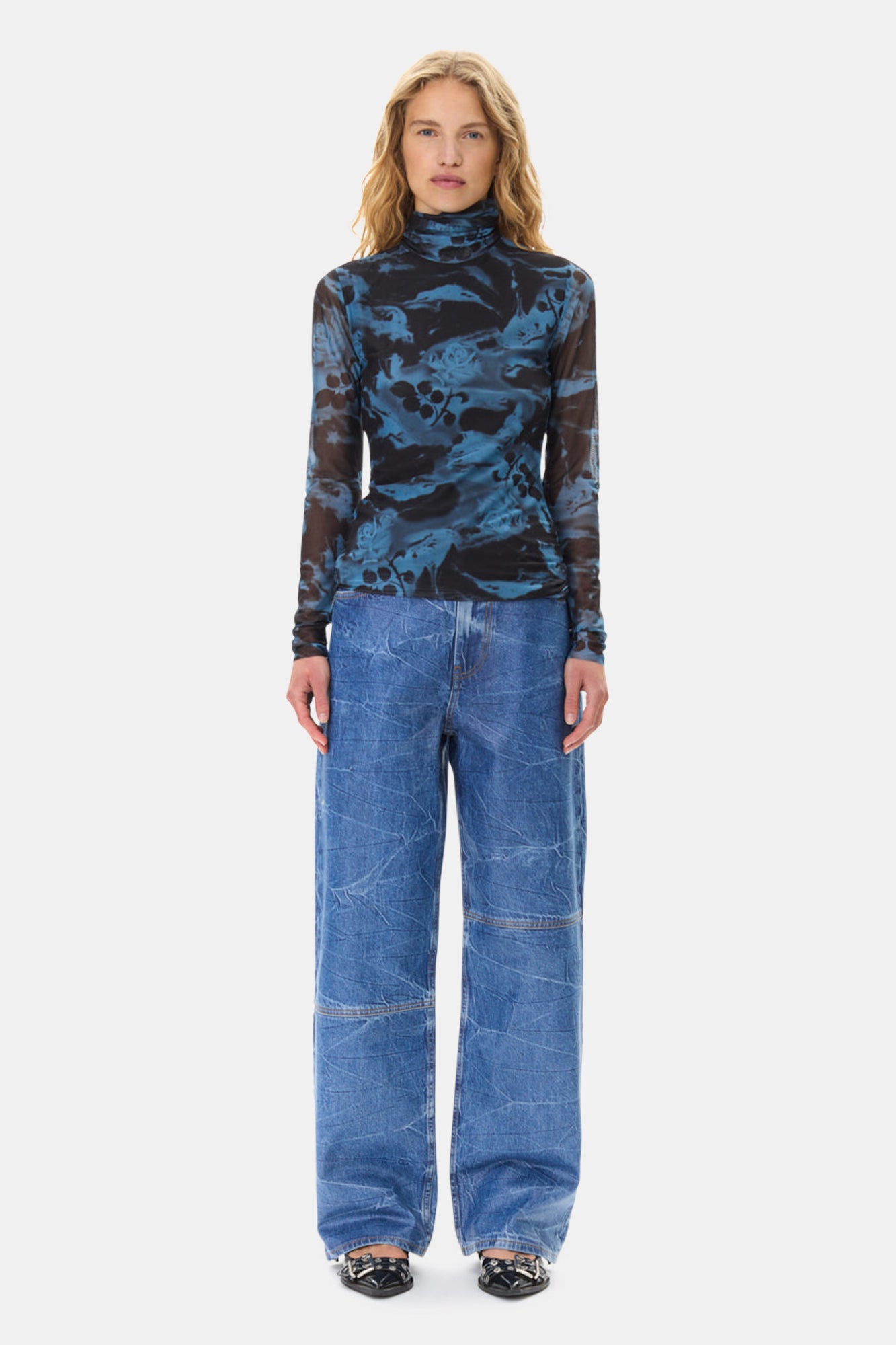 Printed Mesh Long Sleeve Rollneck | Blue Shadow