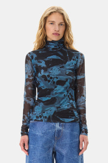 Printed Mesh Long Sleeve Rollneck | Blue Shadow