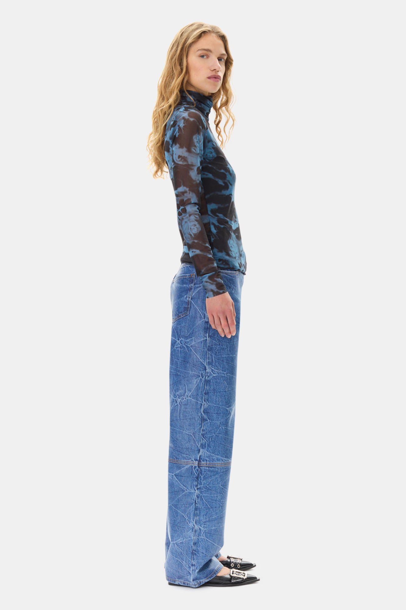 Printed Mesh Long Sleeve Rollneck | Blue Shadow