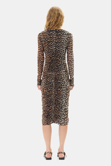 Printed Mesh U-neck Ruched Midi Dress | Leopard