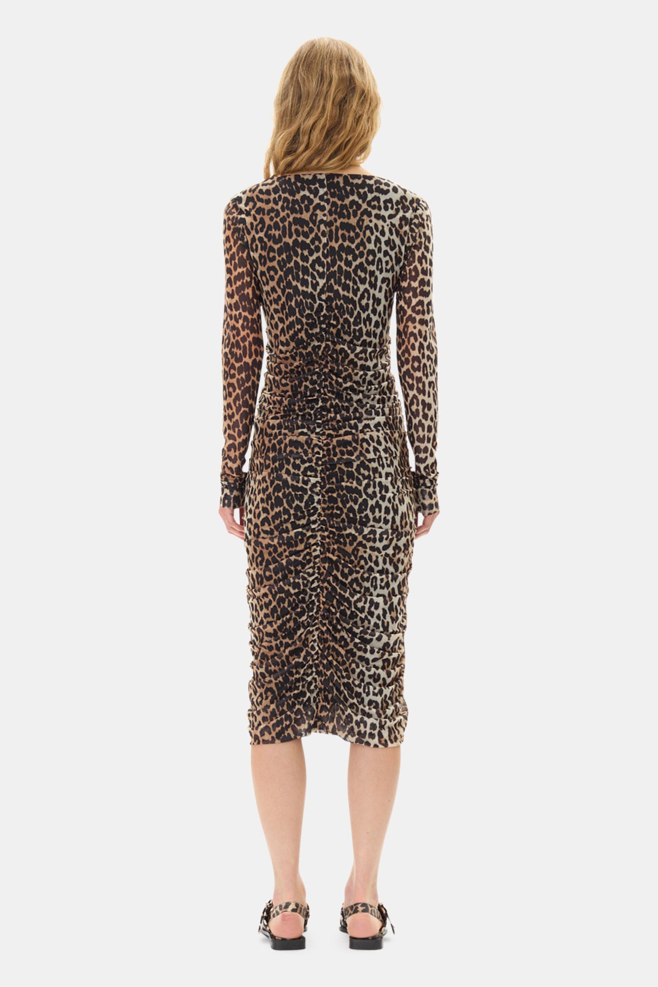 Printed Mesh U-neck Ruched Midi Dress | Leopard