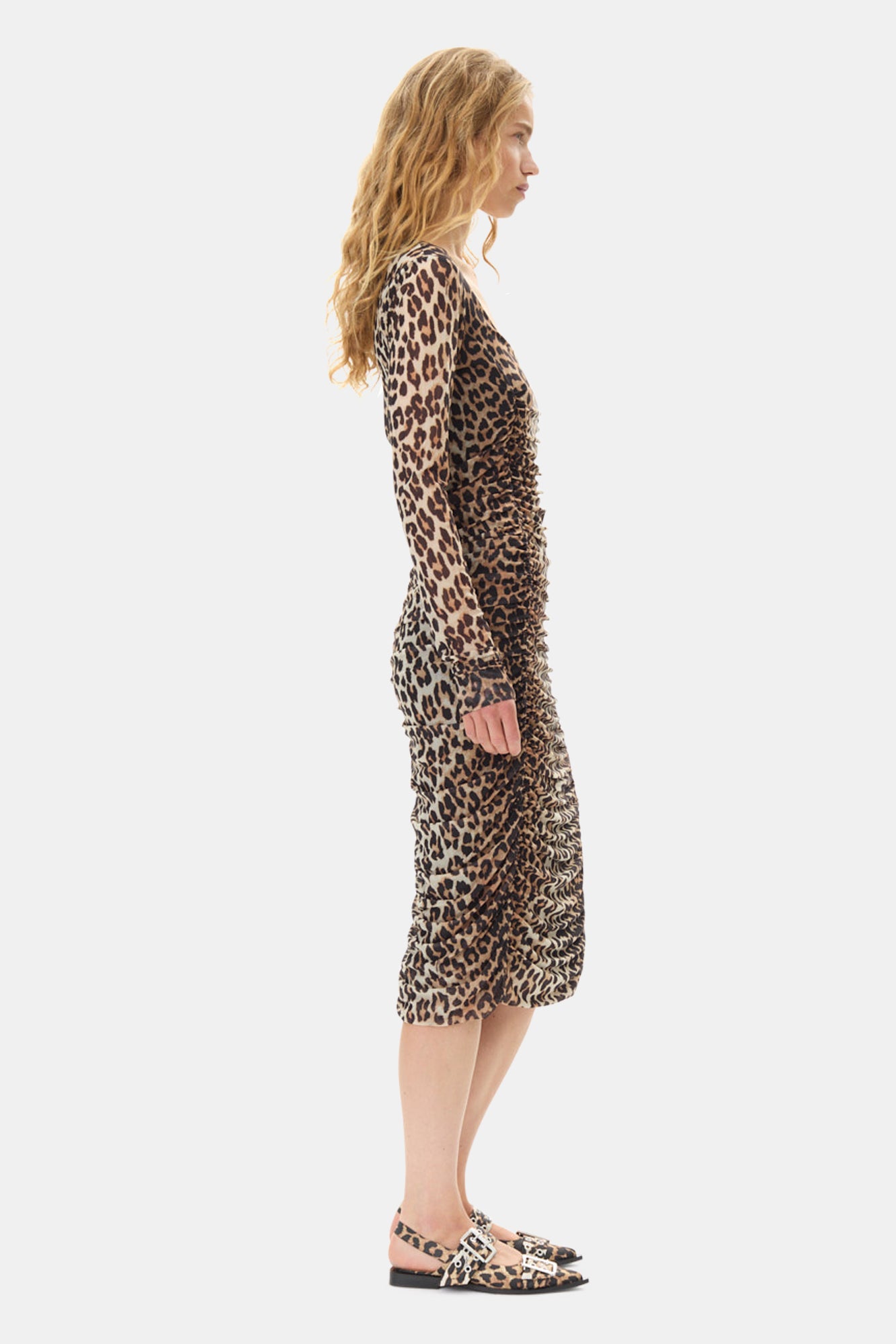 Printed Mesh U-neck Ruched Midi Dress | Leopard