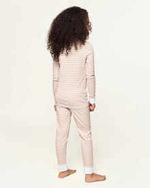 Kid's Pima Snug Fit Pajama Set in Camel Stripe features a beige and white striped long-sleeve top with white cuffs and button placket, plus matching pants with white ankle cuffs.