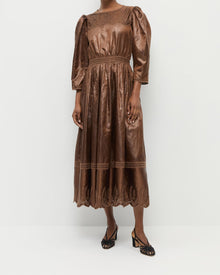 Thelma Eyelet Dress in brown linen and Priscilla Black Moire Heeled Sandal.