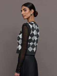 Nomia Plaid Pearly V-Neck Sweater | Grey/Silver