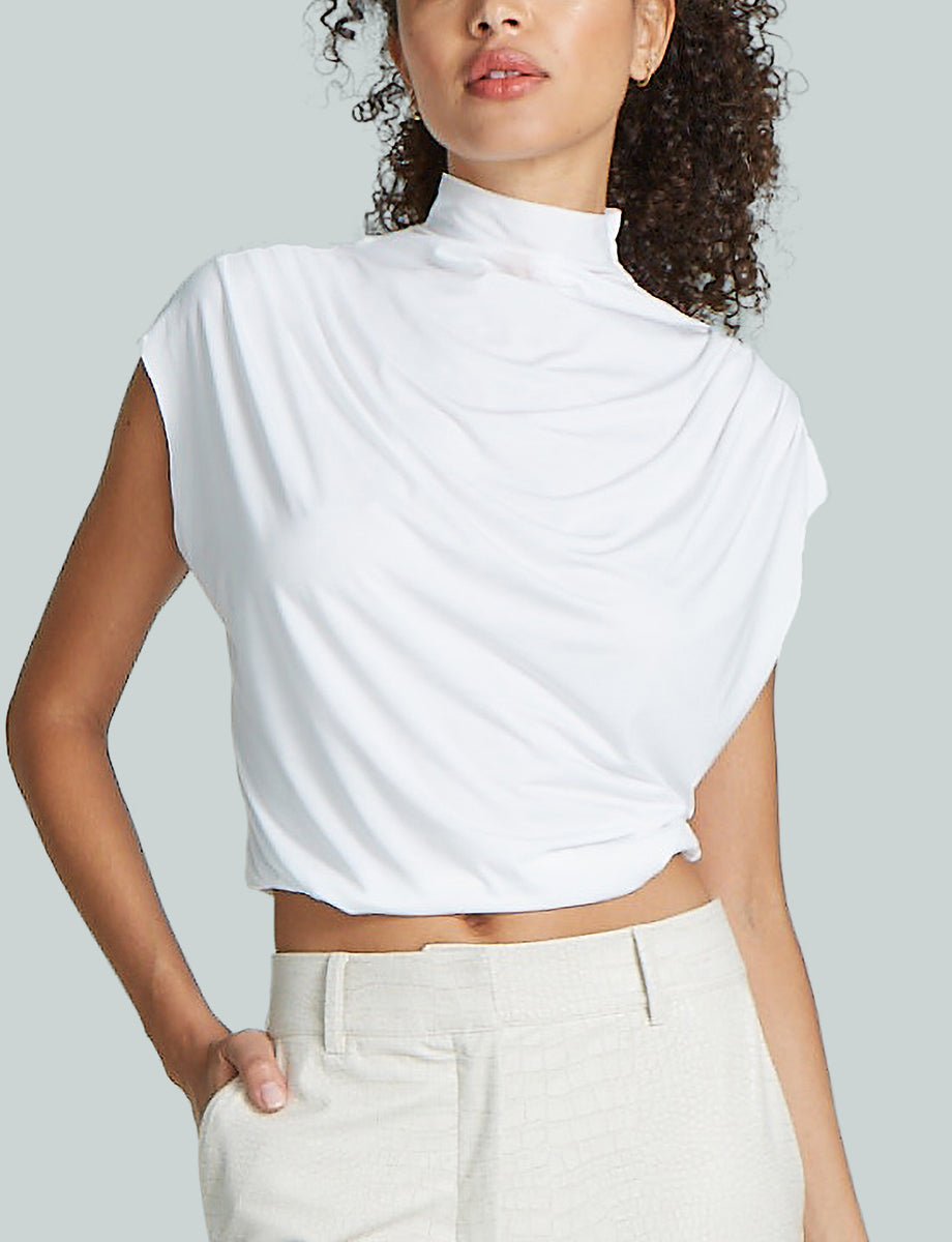 Butter Draped Mockneck Short Sleeve Crop Top::White::Hover