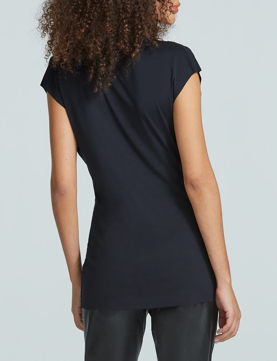 Butter Draped Mockneck Short Sleeve Top::Black::Back