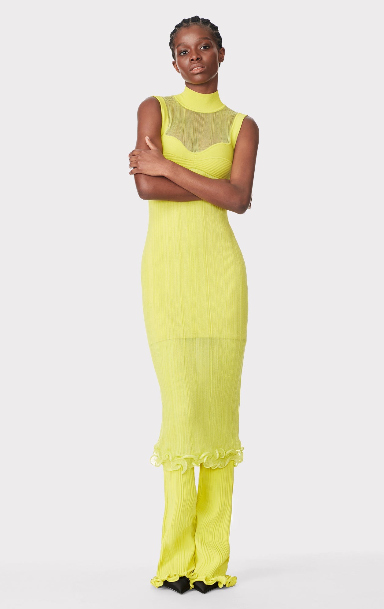 Sheer Layered Midi Dress With Ruffle | Chartreuse