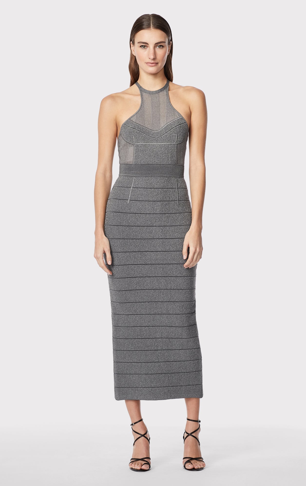 Textured Sheer Bustier Halter Gown | Charcoal